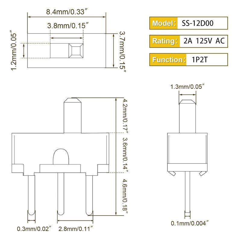 Juasky 100pcs Mini Vertical Micro Slide Switch 2 Position 3 Pin Terminal 1p2t SPDT On/Off Switches SS-12D00 for PCB Breadboard Electronic - Image 3